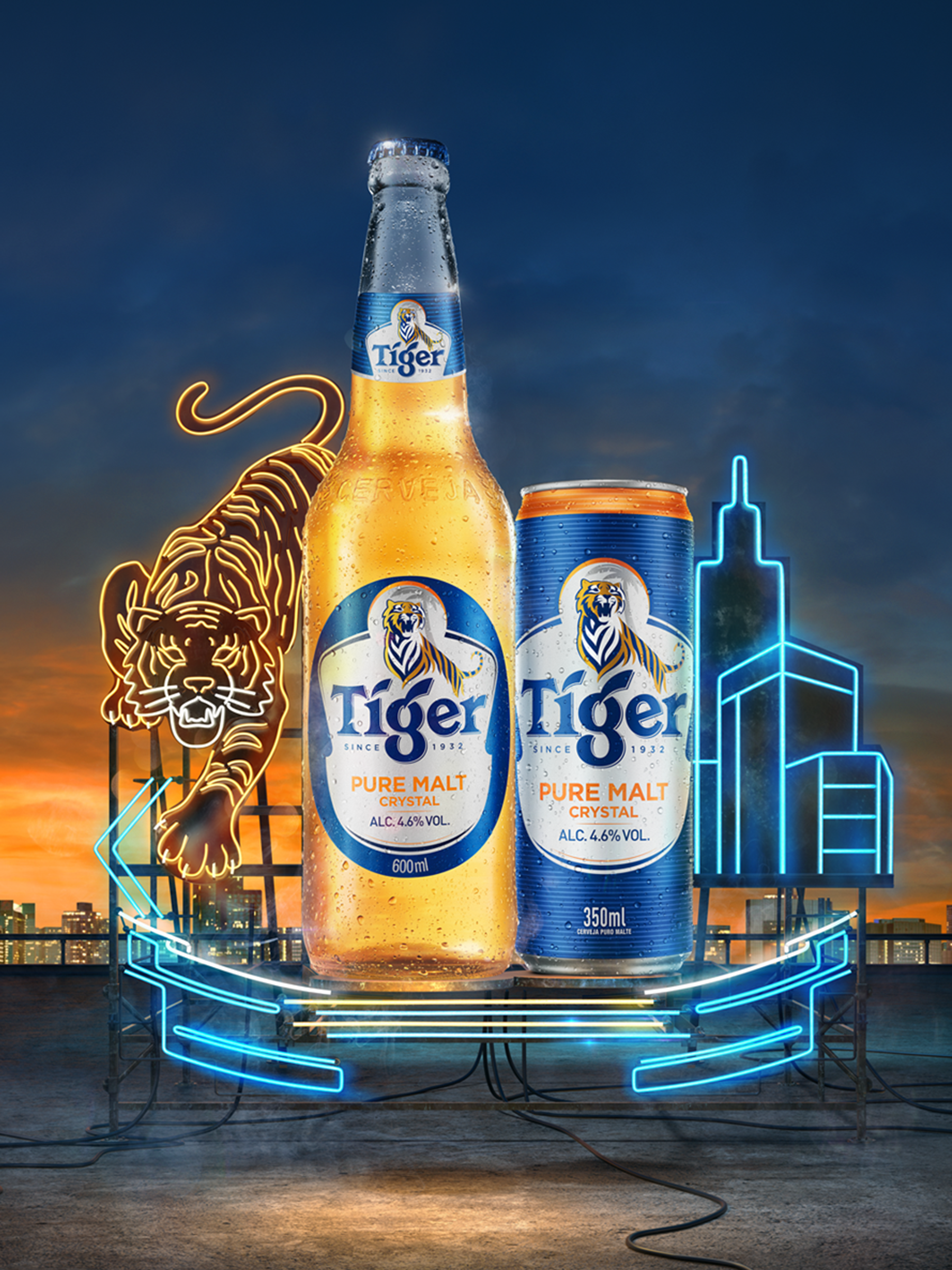 Ilustração da cerveja tiger com elementos urbanos e um tigre