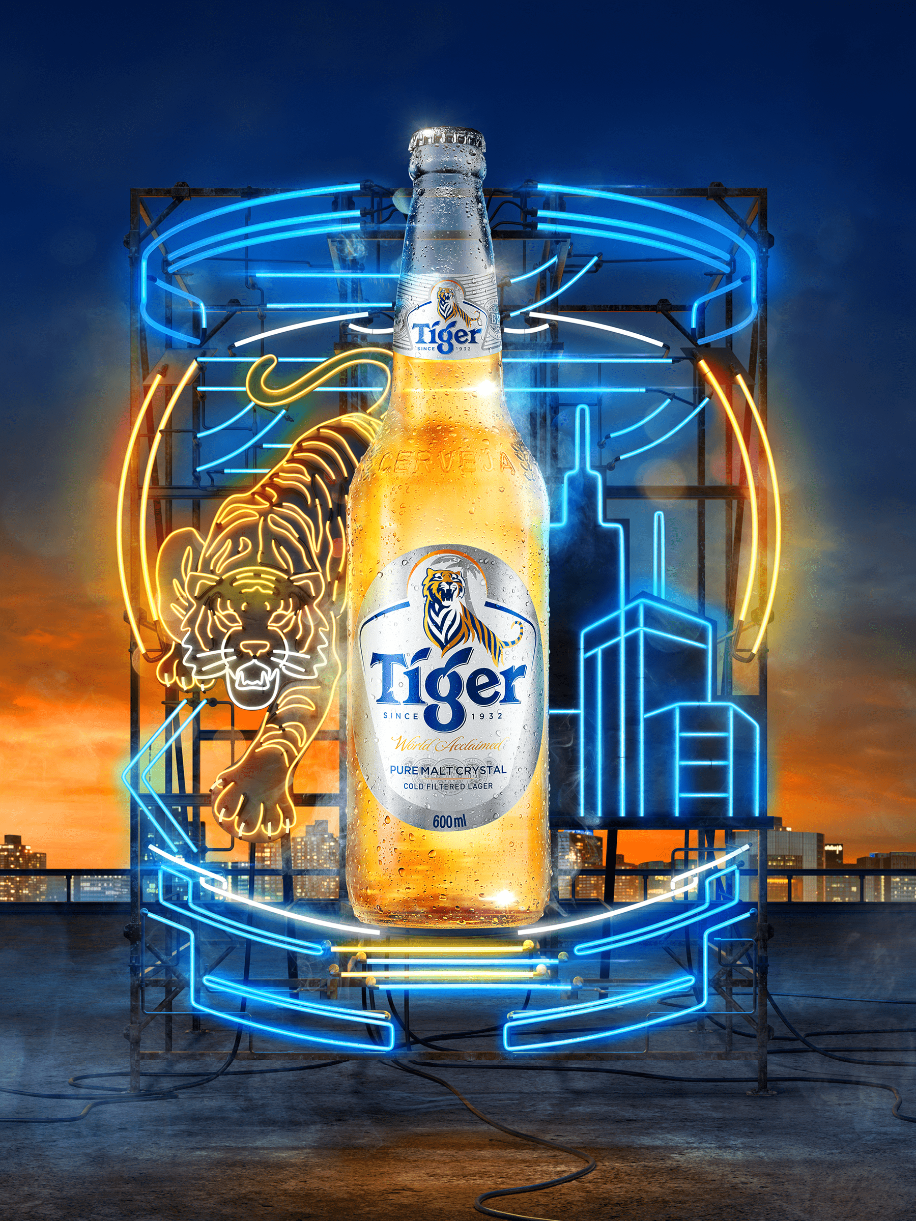 Ilustração da cerveja tiger com elementos urbanos e um tigre